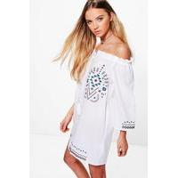 Embroidered Off Shoulder A-Line Dress - white