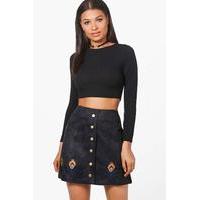 Embroidered Hem Button Front Suede Skirt - black