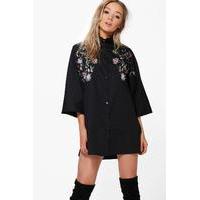 Embroidered Wide Sleeve Shirt Dress - black