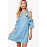 Embroidered Cold Shoulder Chambray Dress - mid blue