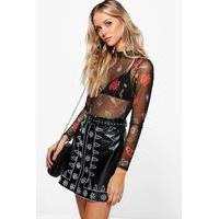 Embroidered Leather Look A Line Skirt - black