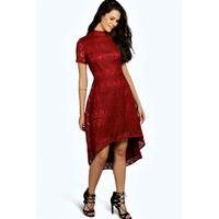 Embroided Mesh High Neck Dip Hem Dress - berry