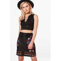 embroidered front suedette mini skirt black