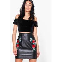 embroidered a line leather look mini skirt black