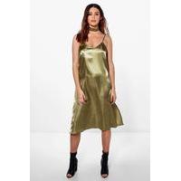 Ema Choker Strappy Mid Satin Dress - olive