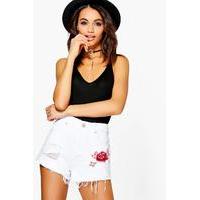 Embroidery Denim Mom Shorts - white