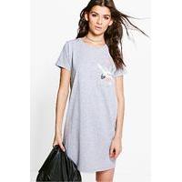 Embroidered T-Shirt Dress - grey marl