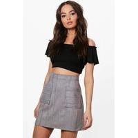 Embroidered Stitch Pocket Front A Line Skirt - grey