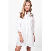 Embroidered Front & Back Shirt Dress - white