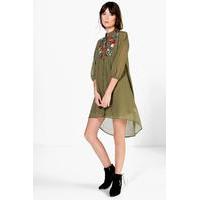 Embroidered Shirt Dress - khaki