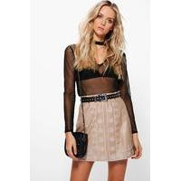 embroidered leather look a line skirt taupe