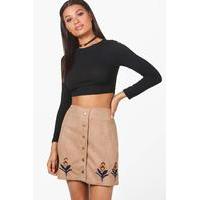 Embroidered Hem Button Front Suede Skirt - sand