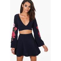 Embroidered Sleeve Crop Top & Skirt Co-Ord Set - navy