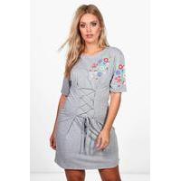 Emily Embroidered Corset Detail T-shirt Dress - grey