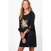 Embroidery Tie Sleeve Shift Dress - black