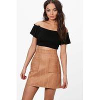 embroidered stitch pocket front a line skirt tan