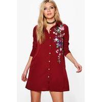 Embroidered Boxy Shirt Dress - berry