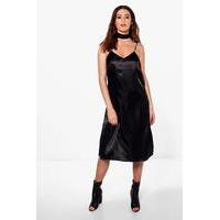 ema choker strappy mid satin dress black