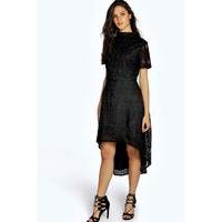 embroided mesh high neck dip hem dress black