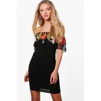 Embroidered Mesh Frill Bodycon Dress - black