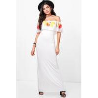 Embroidered Mesh Frill Maxi Dress - white