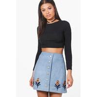 Embroidered Hem Button Front Suede Skirt - sky