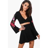Embroidered Sleeve Crop Top & Skirt Co-Ord Set - black