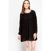 Embellished Neck Pleated Mini Dress