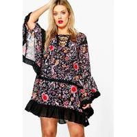 Emily Lace Up Flute Sleeve Printed Dress - multi