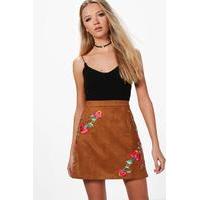 Embroidered A Line Suedette Skirt - tan