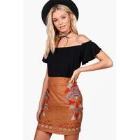 embroidered front suedette mini skirt tan