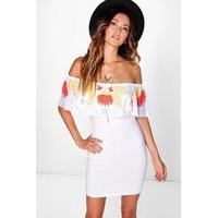 Embroidered Mesh Frill Bodycon Dress - white