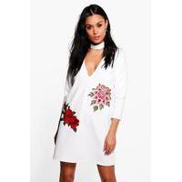 Embroidered Choker Shift Dress - white