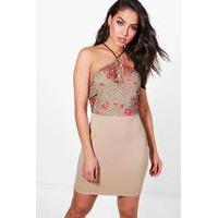 Embroidered Top Halter Bodycon Dress - stone