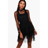 emma mesh high neck tierred dress black