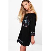 Embroidered Off Shoulder A-Line Dress - black