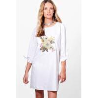 Embroidery Tie Sleeve Shift Dress - white