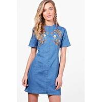 Embroidered Denim Bodycon Dress - mid blue