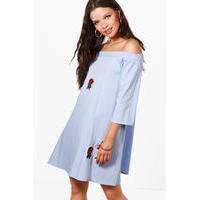 Embroidered Off Shoulder Dress - blue