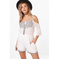 Embroiderd Open Shoulder Playsuit - ivory