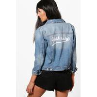 Embroidered Slogan Back Western Denim Jacket - blue