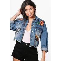 Embroidered Patch Denim Jacket - mid blue