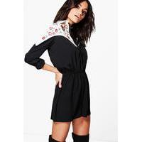 Embroidered Western Style Shirt Playsuit - black