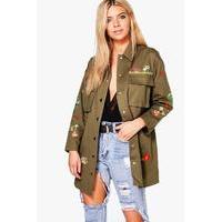 embroidered longline canvas jacket khaki