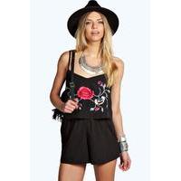 Embroidered Double Layer Playsuit - black