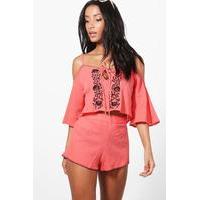 Embroidered Cold Shoulder Beach Co-ord - coral