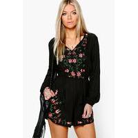 Embroidered Full Sleeve Smock Playsuit - black