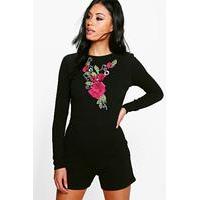 embroidered detail full sleeve playsuit black