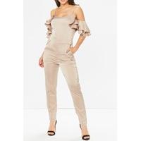 emma mocha satin cold shoulder jumpsuit