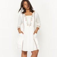 Embroidered Dress with 3/4 Length Sleeves